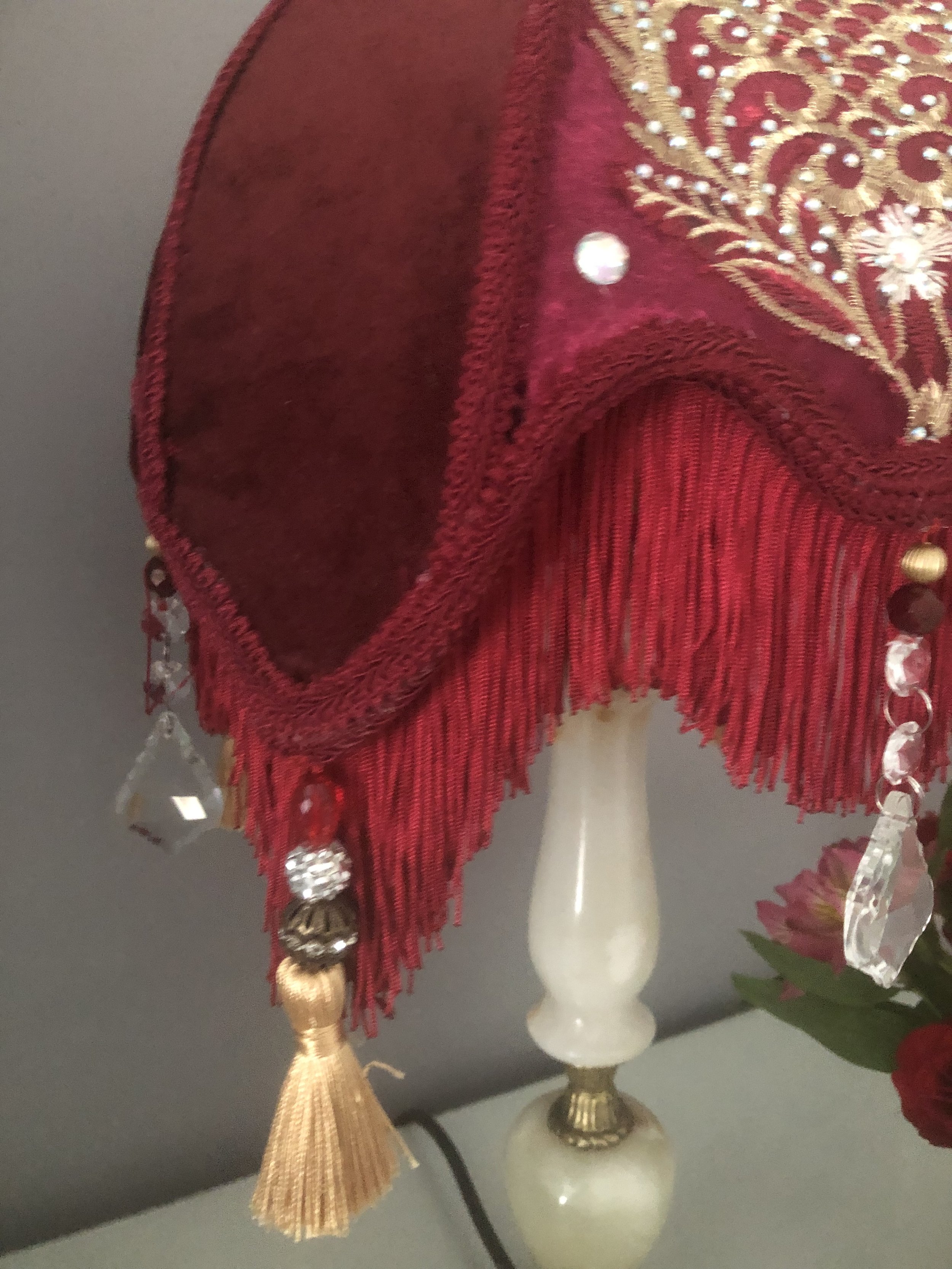 victorian fringed parlour lampshade, in red silk and velvet panels, gold embroidered front panel ,chiffon pleated back panel, velvet zoom