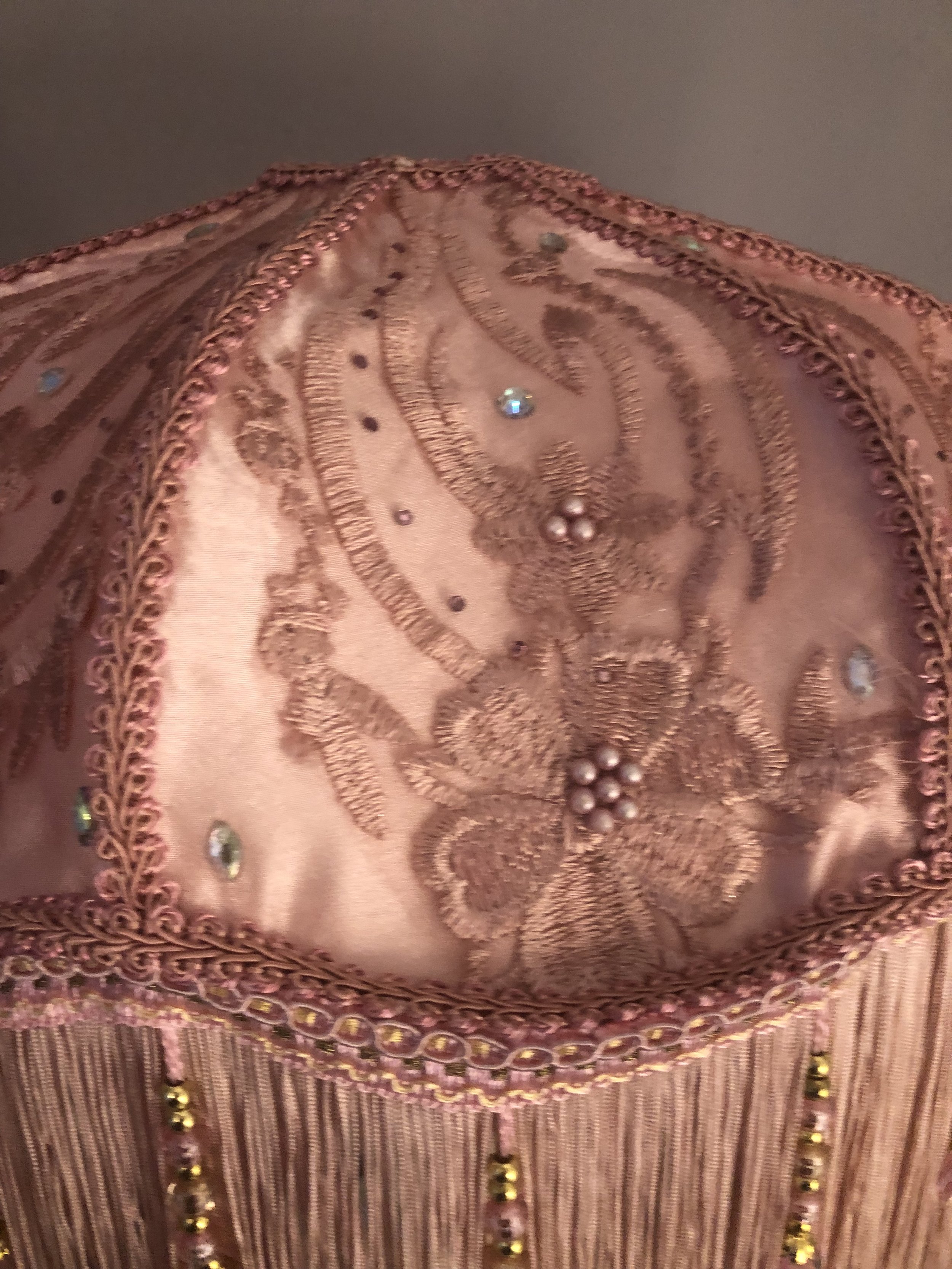 Art deco fringed lampshade in pink silk , floral lace detail close up 3