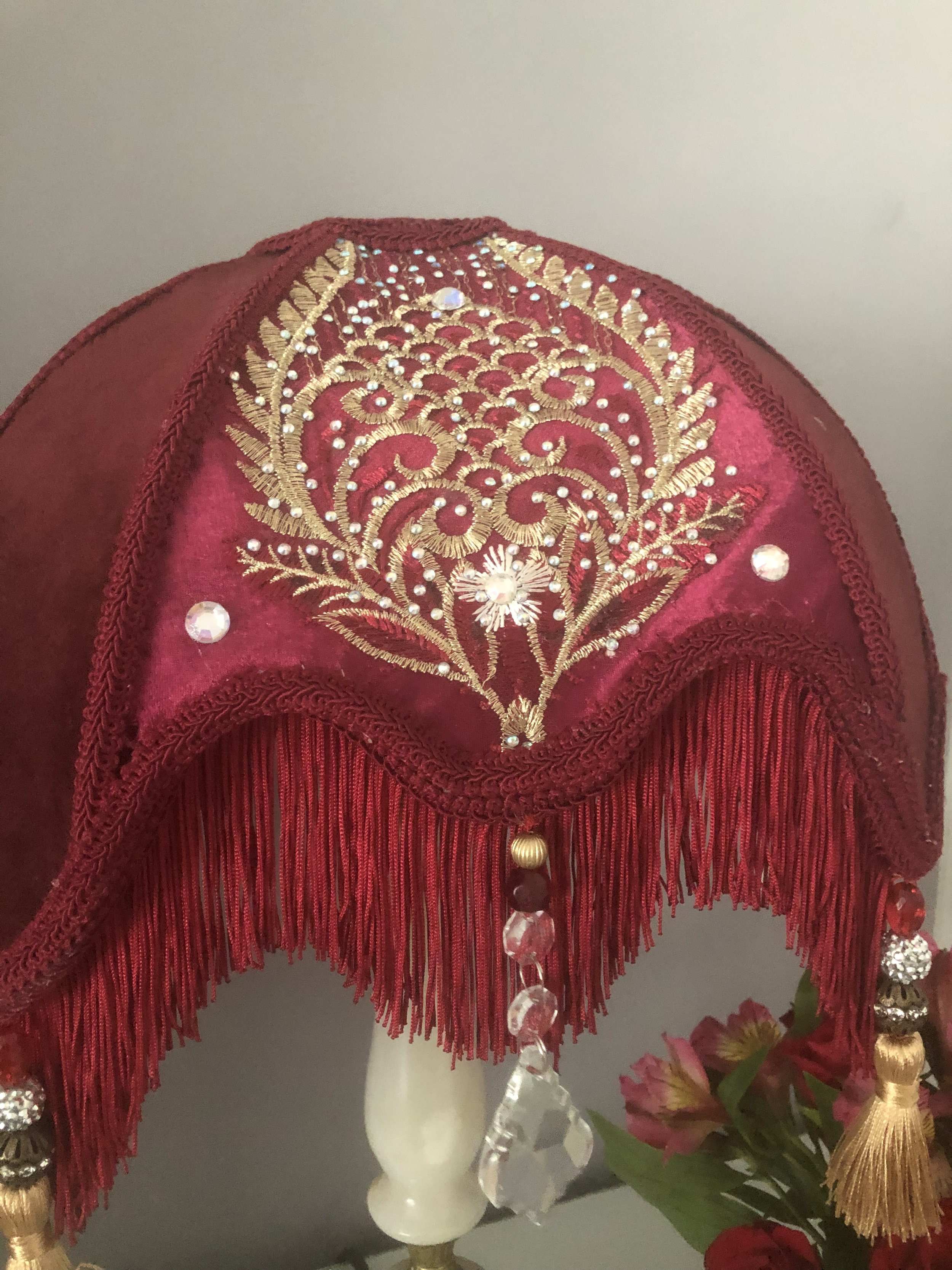 victorian fringed parlour lampshade, in red silk and velvet panels, gold embroidered front panel ,chiffon pleated back panel ,zoomed front panel