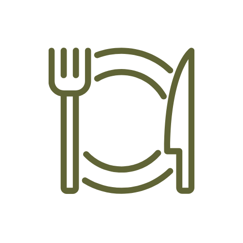 Icon of a fork and knife with a plate in between, representing a meal or dining.
