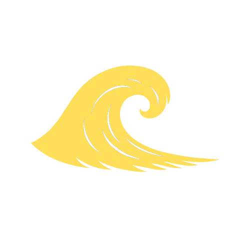 A stylized yellow wave with white highlights on a black background.