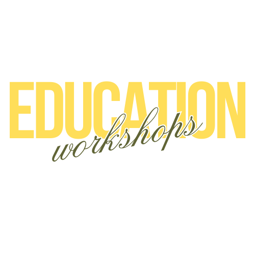 Text reading 'Education Workshops' with 'Education' in large yellow font and 'workshops' in white cursive font on a black background.