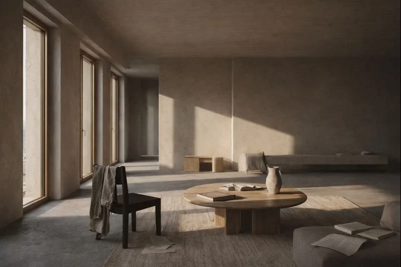 Empty living room with large windows, a wooden coffee table, a chair with cloth draped over it, and some books, bathed in natural light.