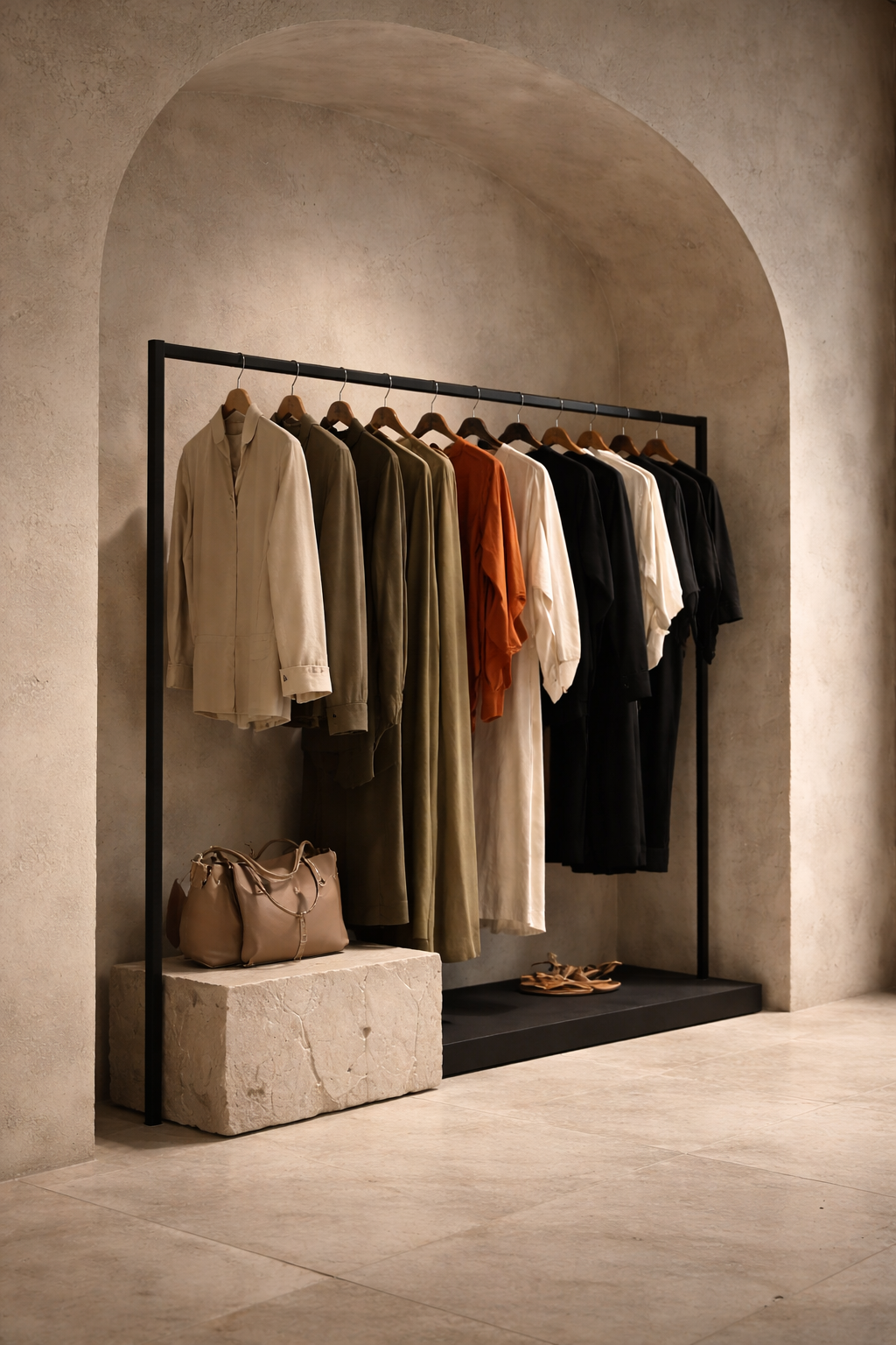 Clothing rack with various colored dresses and shirts, a beige handbag on a stone pedestal, and a pair of sandals on the floor below.