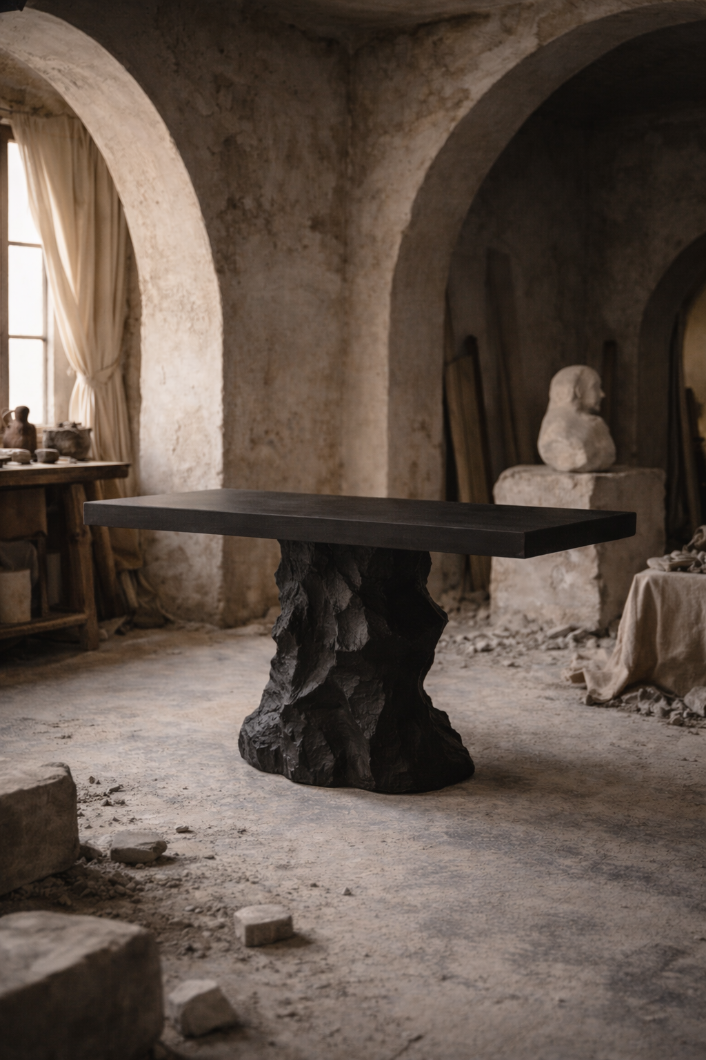 A dark wooden table with a rugged, black stone base stands in an unfinished, rustic room with arched stone walls, a window with cream-colored curtains, and art supplies and sculptures in the background.