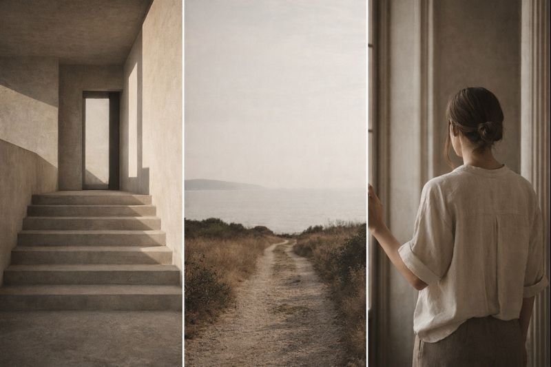 A woman standing by window looking outside, with a triptych of different scenes including a staircase, a dirt path near water, and a window view
