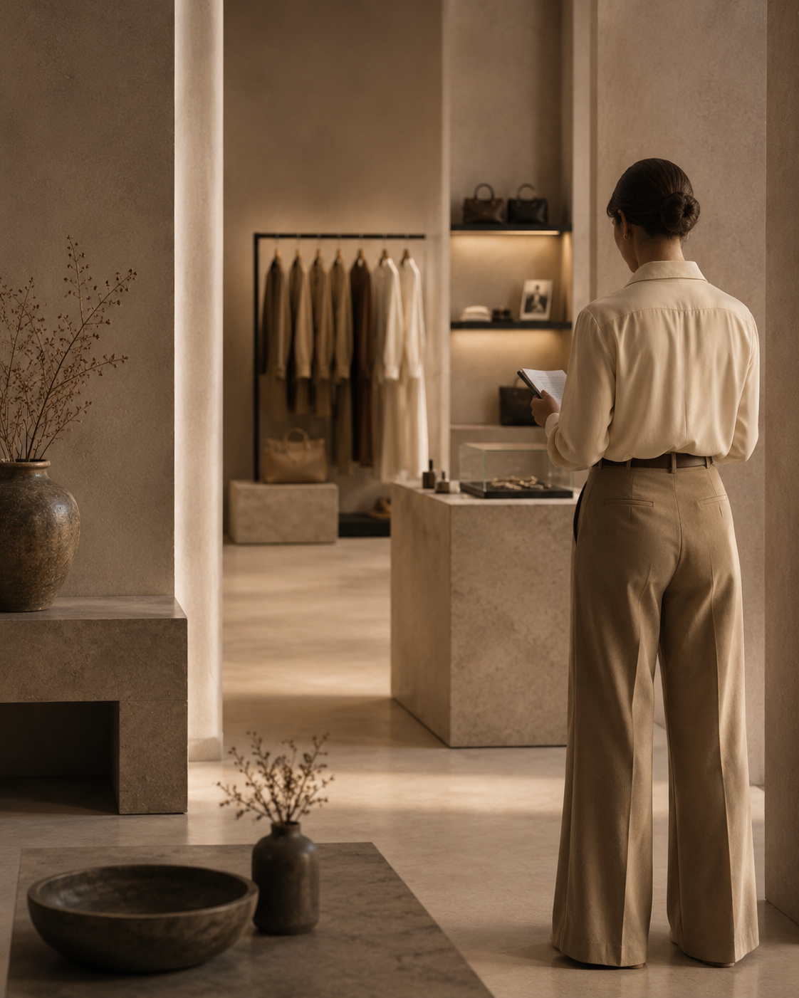 Woman observing premium fashion boutique interior — client experience audit consulting