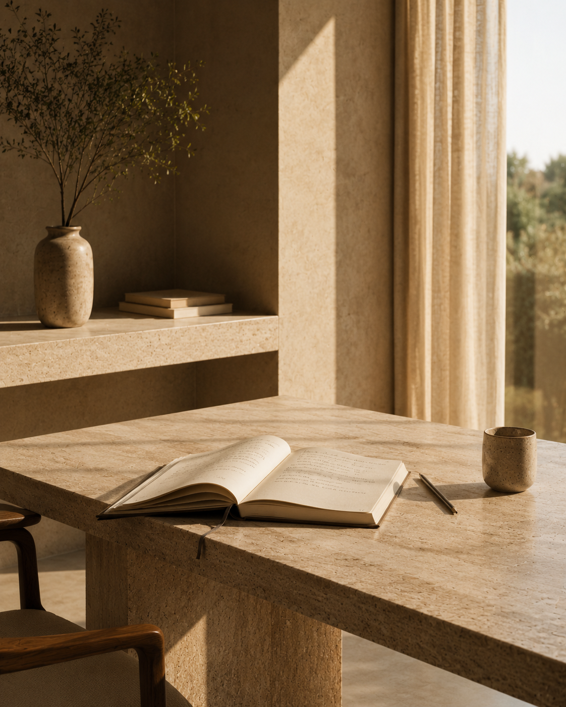 Open notebook on travertine desk with warm natural light — brand experience studio approach