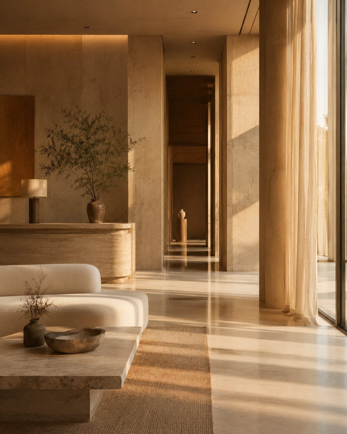 Luxury hotel lobby with warm natural light — brand experience consulting for premium brands