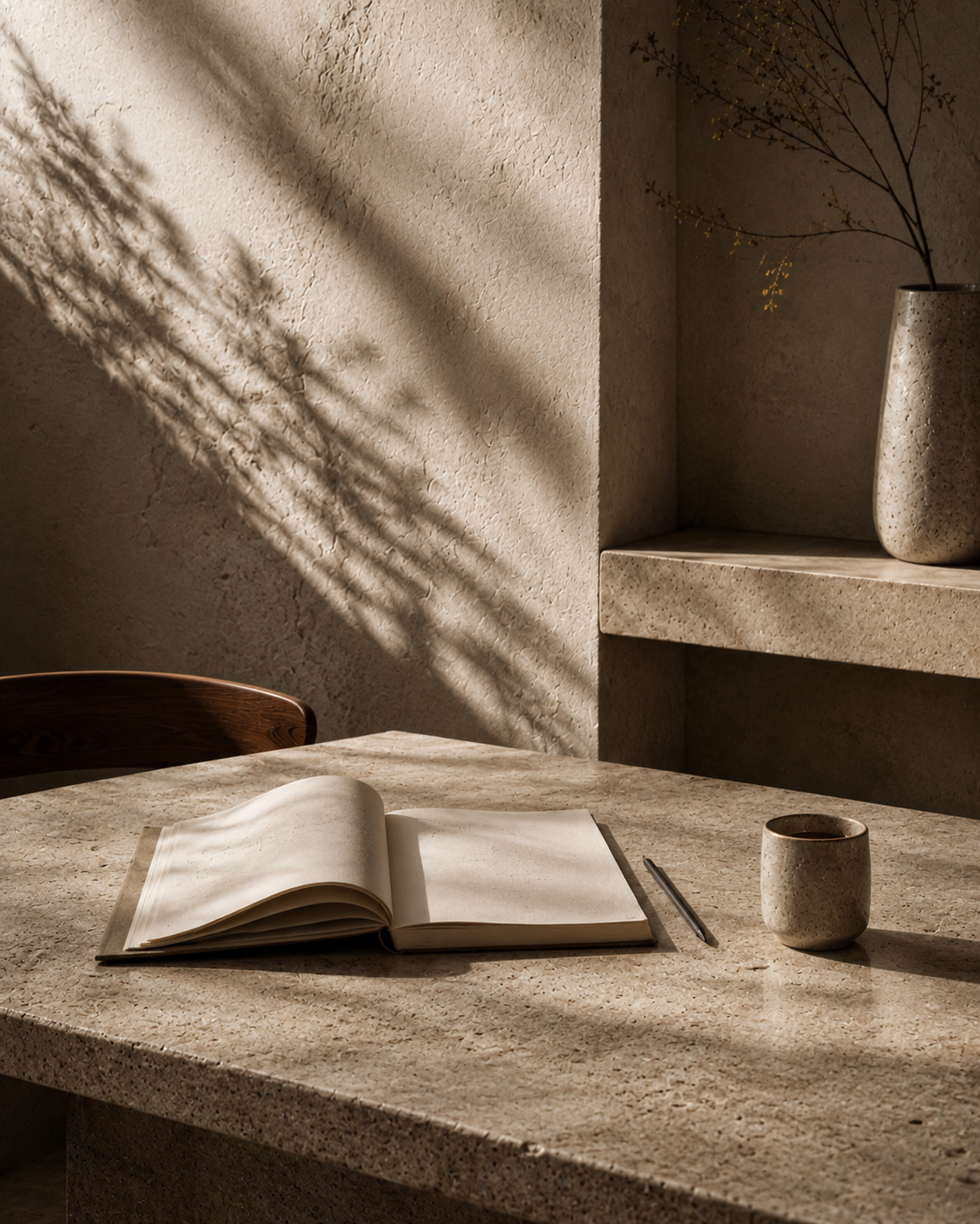 Open notebook and pencil on travertine desk — client experience strategy worksession