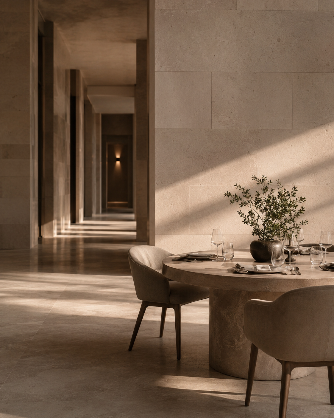 Premium restaurant interior with set table and stone corridor — brand experience consulting