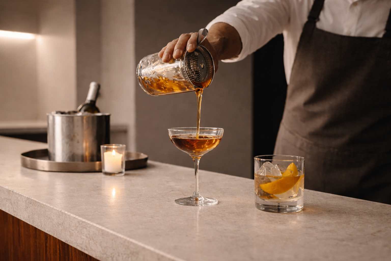 A bartender pouring amber-colored liquid from a glass jar into a cocktail glass on a bar counter, with a glass of whiskey with lemon slices and a candle nearby.