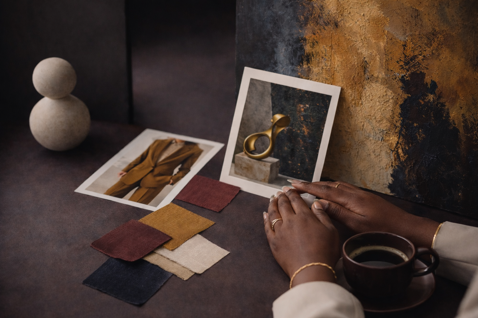 A person's hands resting on a dark surface, with a cup of coffee, several fabric swatches, a photo of a person in a brown suit, and a photo of a gold sculpture on a table with an abstract paint background.