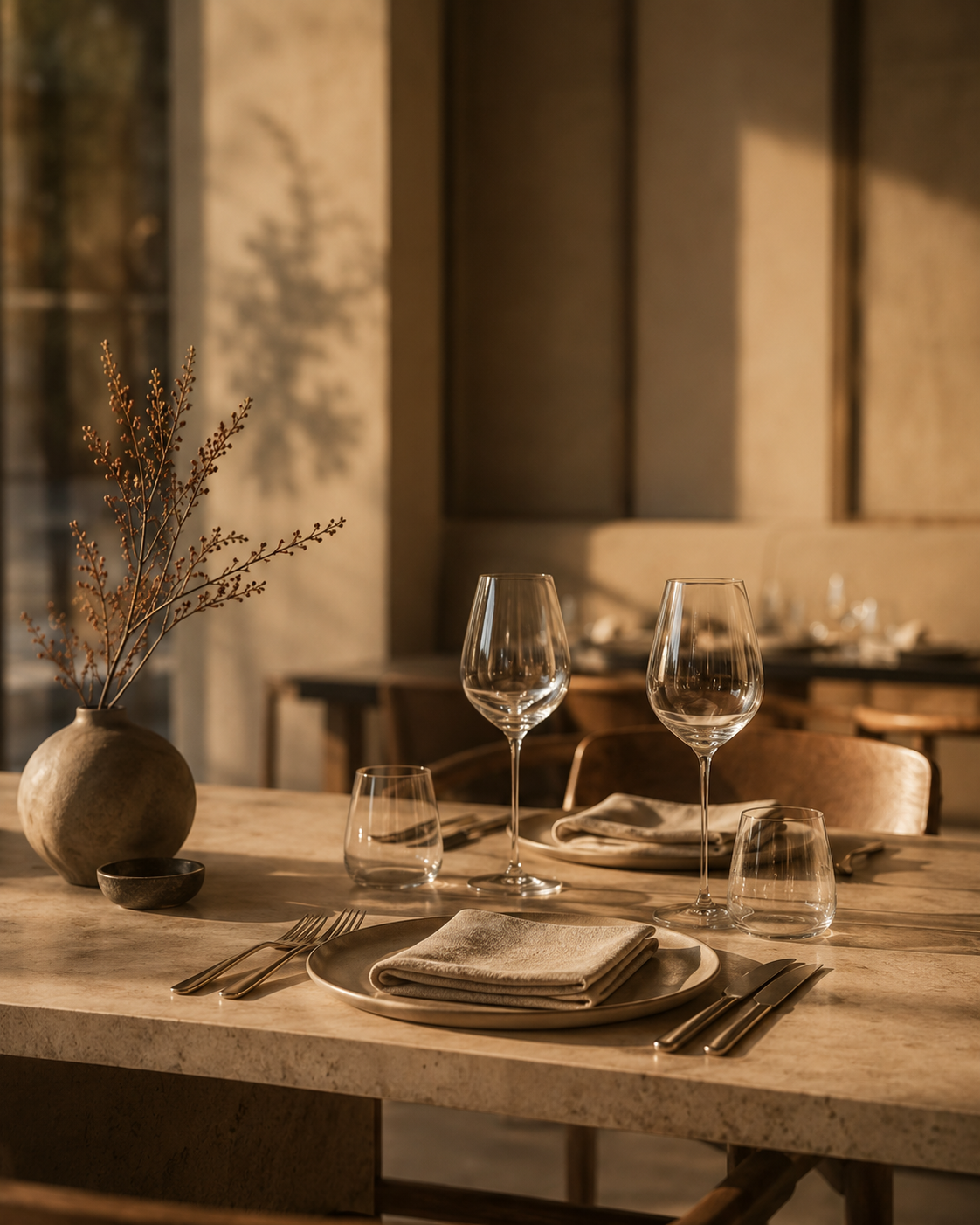 Premium restaurant table set with linen and crystal — brand experience consulting for hospitality