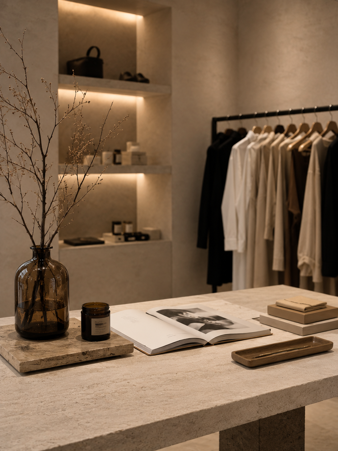 Premium fashion boutique interior with stone counter — brand experience consulting