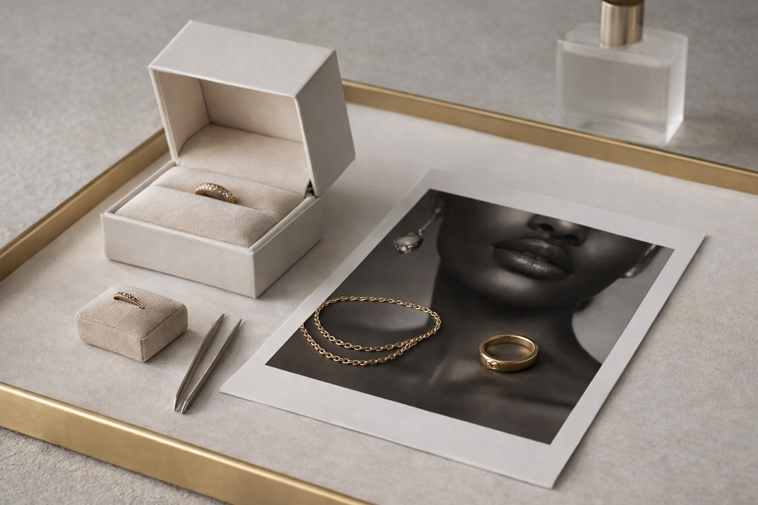 Jewelry items, including rings, earrings, a necklace, and a bracelet, displayed on a tray with a black and white photograph of a woman’s face as a backdrop.