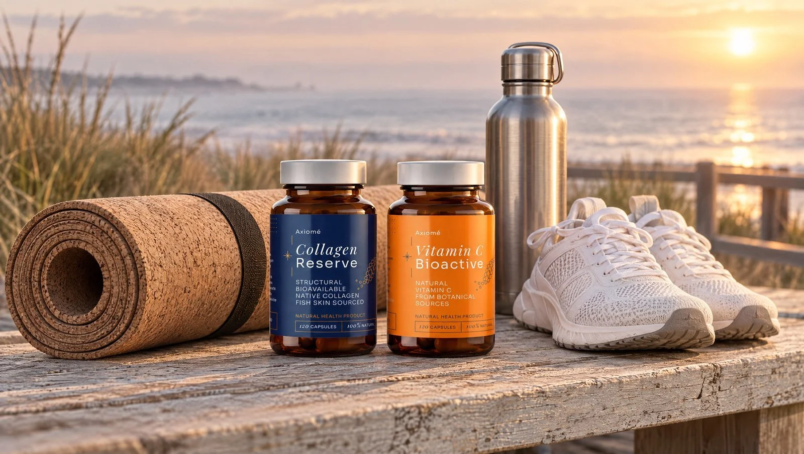 Axiomé Collagen Reserve and Vitamin C Bioactive on a seaside boardwalk bench at sunrise beside a cork yoga mat and running shoes