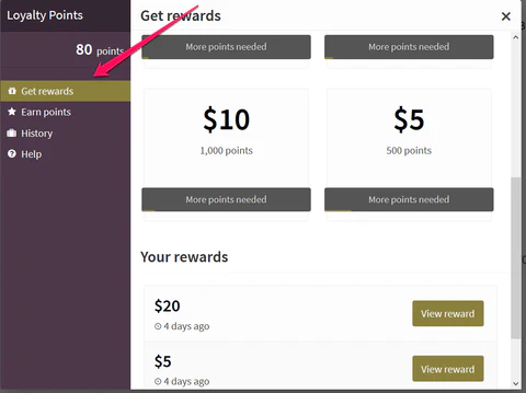 Screenshot of a loyalty points dashboard showing "Get rewards" section with options to redeem $10 for 1,000 points and $5 for 500 points. The sidebar includes options such as Get rewards, Earn points, History, and Help. The user's current balance is 80 points. Previously claimed rewards of $20 and $5 are also visible.