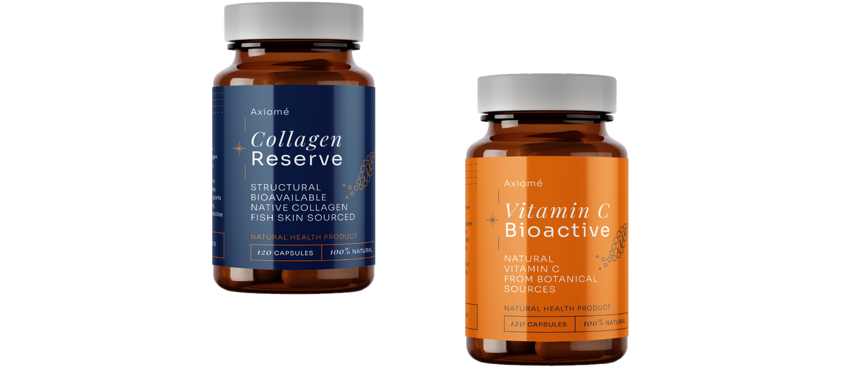 Axiomé Collagen Reserve and Axiomé Vitamin C Bioactive bottles, the Axiomé Duo
