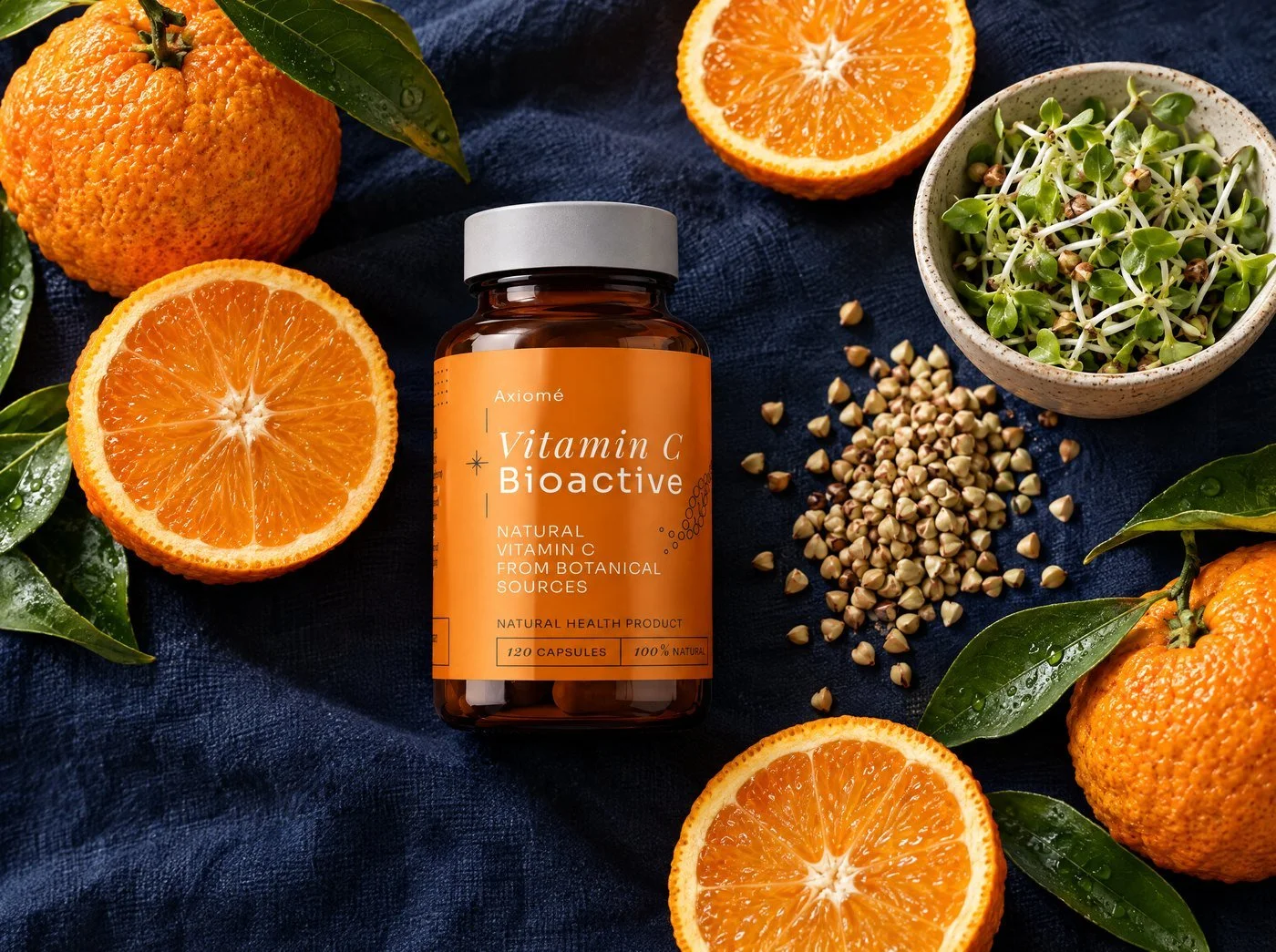 Axiomé Vitamin C Bioactive with halved bitter oranges, buckwheat sprouts and buckwheat seeds on navy linen