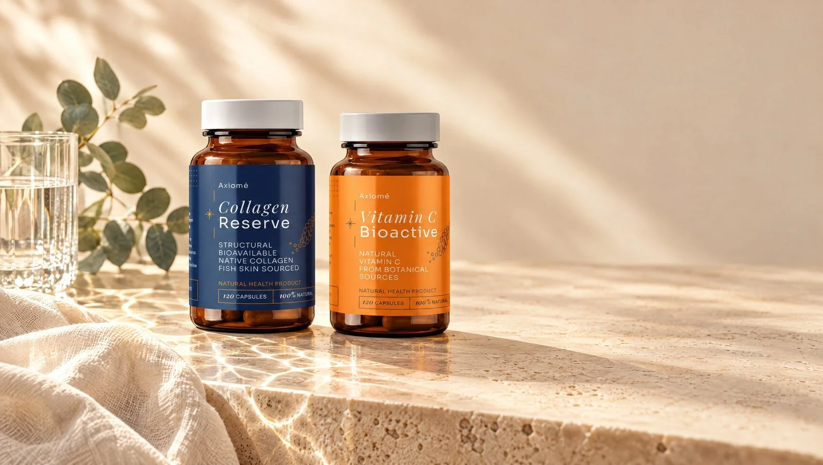 Axiomé Collagen Reserve and Axiomé Vitamin C Bioactive on cream travertine stone in golden morning light, with a glass of water and eucalyptus