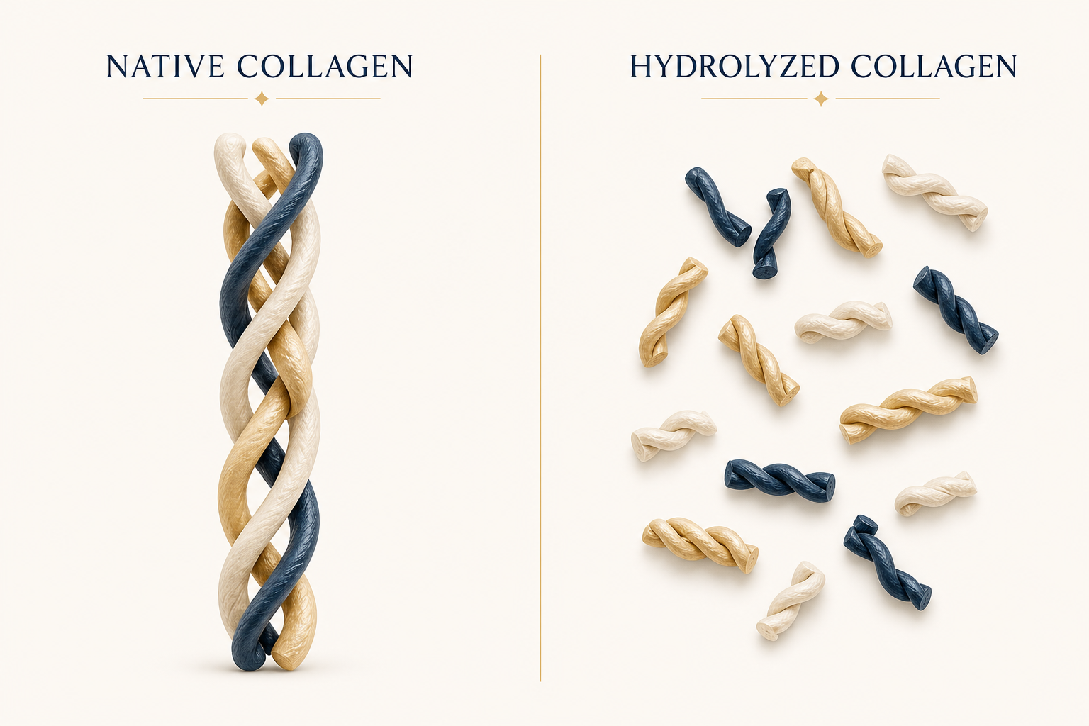 Native collagen triple helix compared with hydrolyzed collagen peptide fragments.