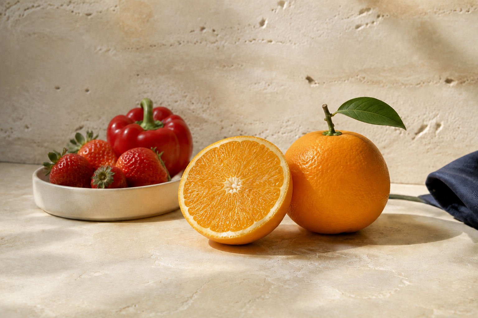 Oranges, strawberries and a red pepper on an ivory surface, illustrating food sources of vitamin C.