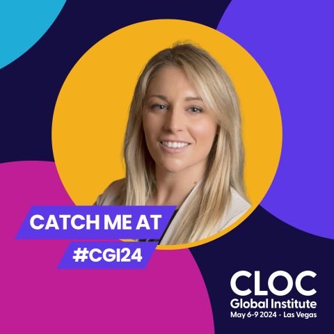 A promotional image for the CLOC Global Institute event, taking place May 6-9, 2024, in Las Vegas. The image features a person smiling against a yellow circle background. Text overlay reads 'Catch me at #CGI24' with vibrant blue, pink, and teal accen