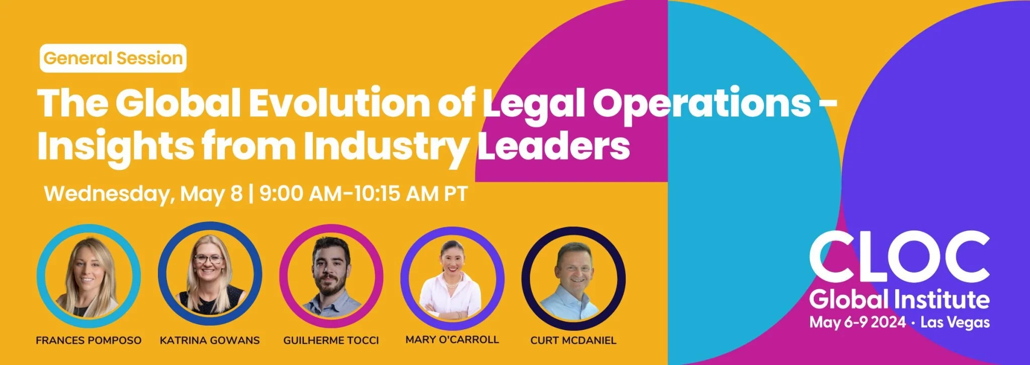 Announcement for CLOC Global Institute event, "The Global Evolution of Legal Operations" session on May 8, with speakers' photos and names.