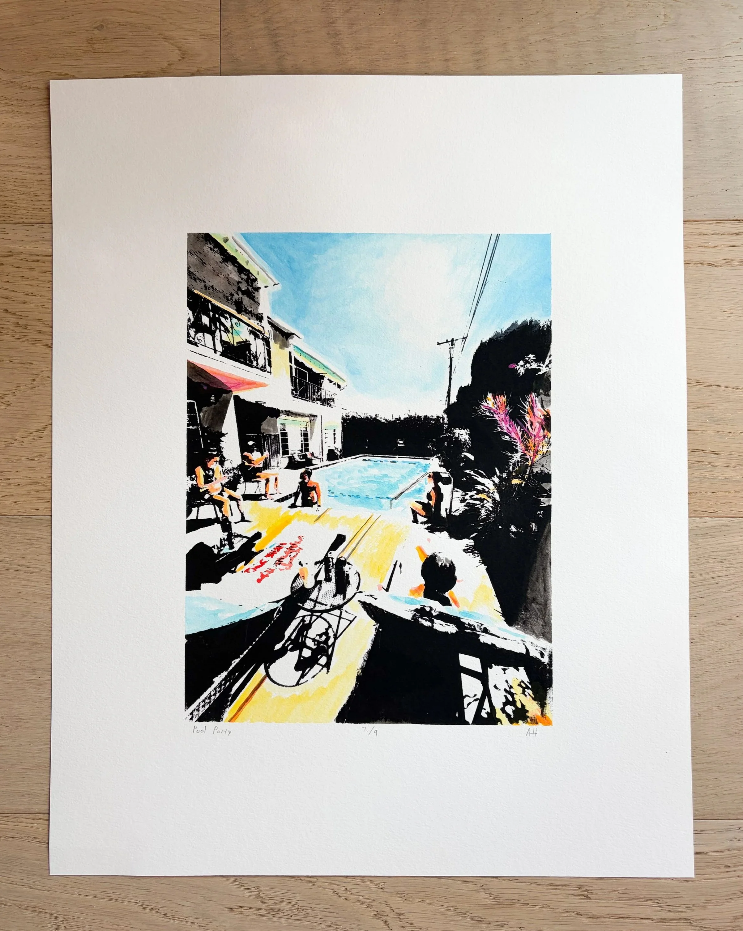 "pool party"  

Photo origin: Los Angeles, CA  

16" x 20" Screen Print with hand painted details