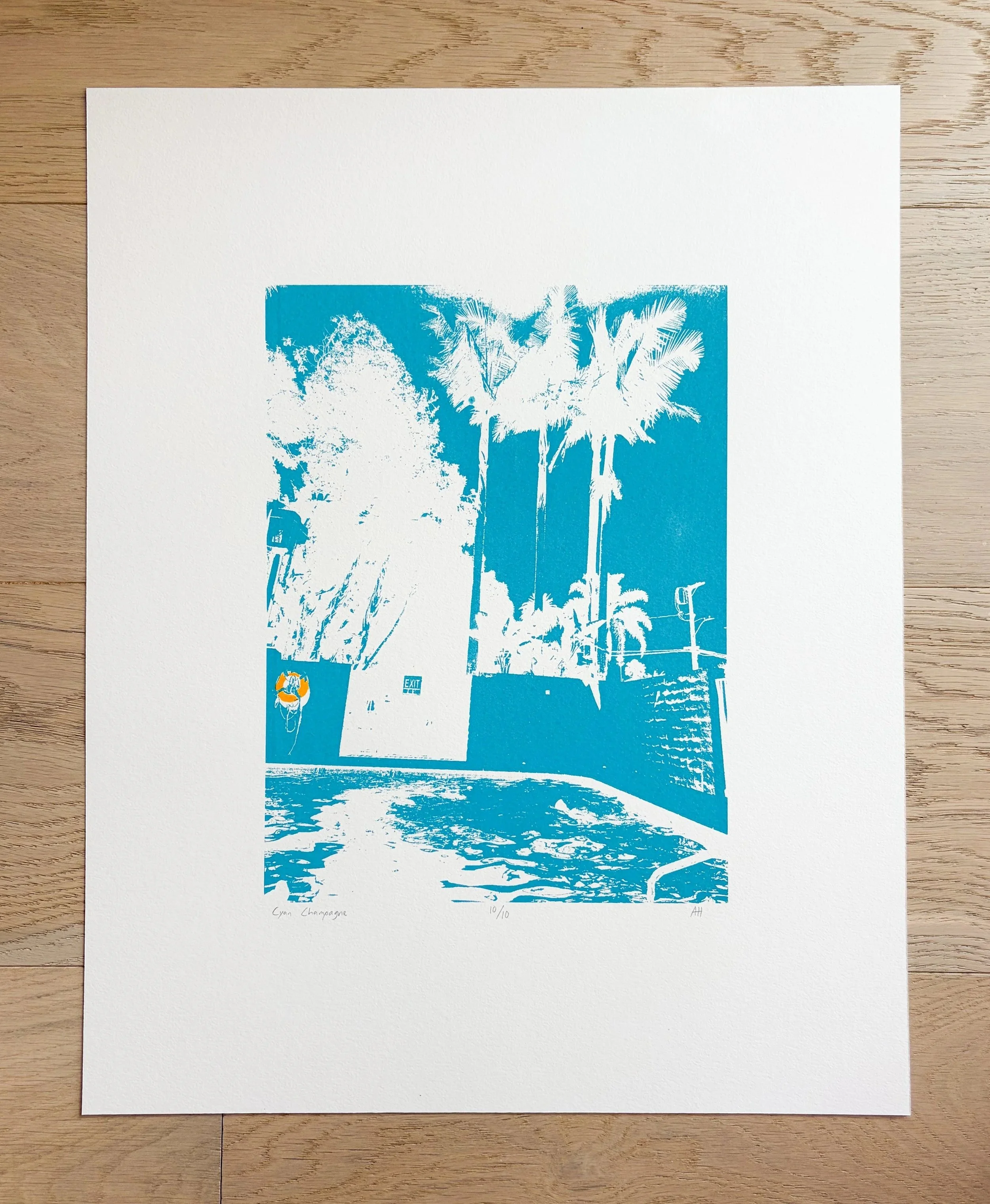 "cyan champagn" - blue  

Photo origin: Santa Barbara, CA  

16" x 20" Screen Print with hand painted details