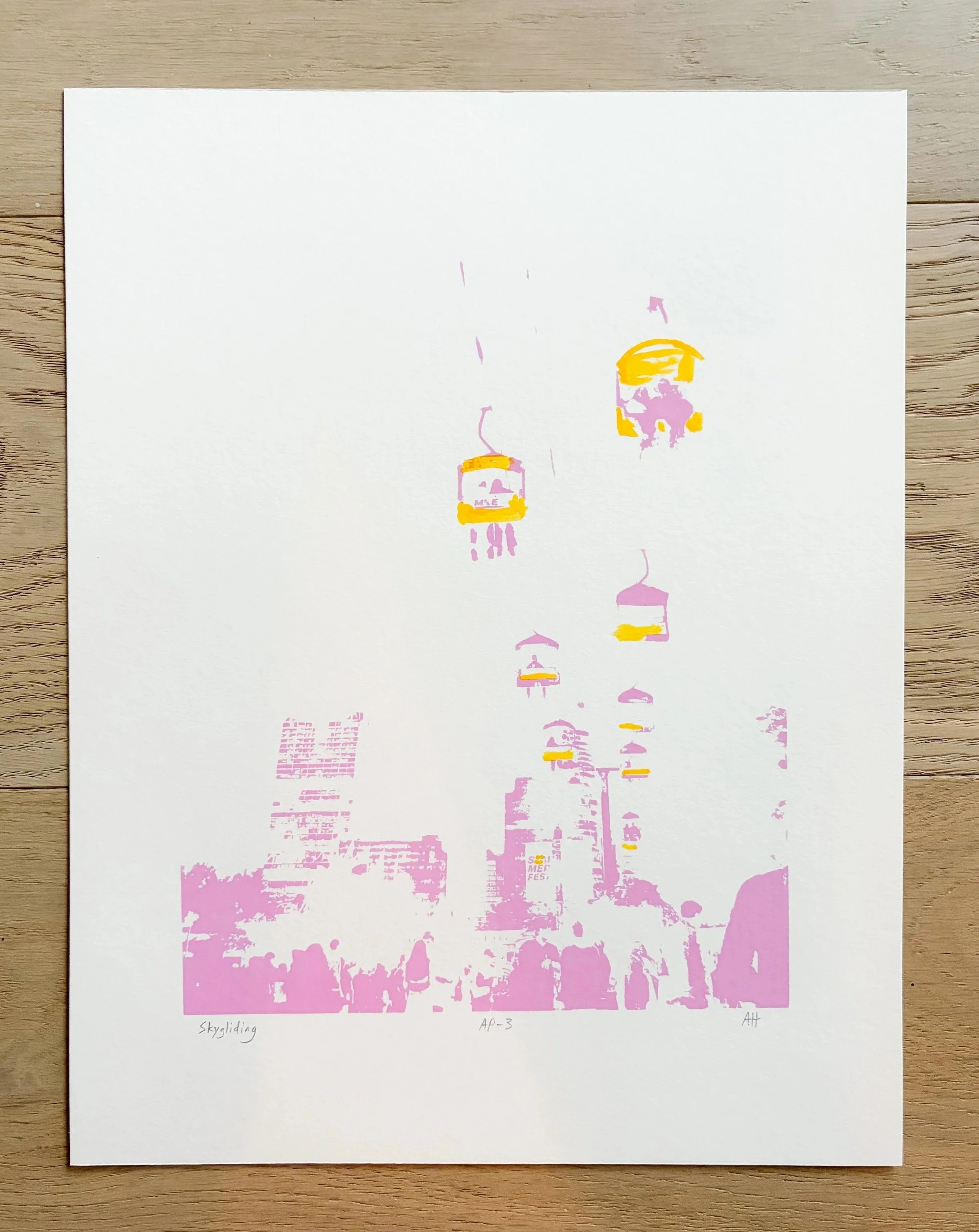 "skygliding" - pink  

Photo origin: Summerfest, Milwaukee, WI  

11" x 14" Screen Print with hand painted details