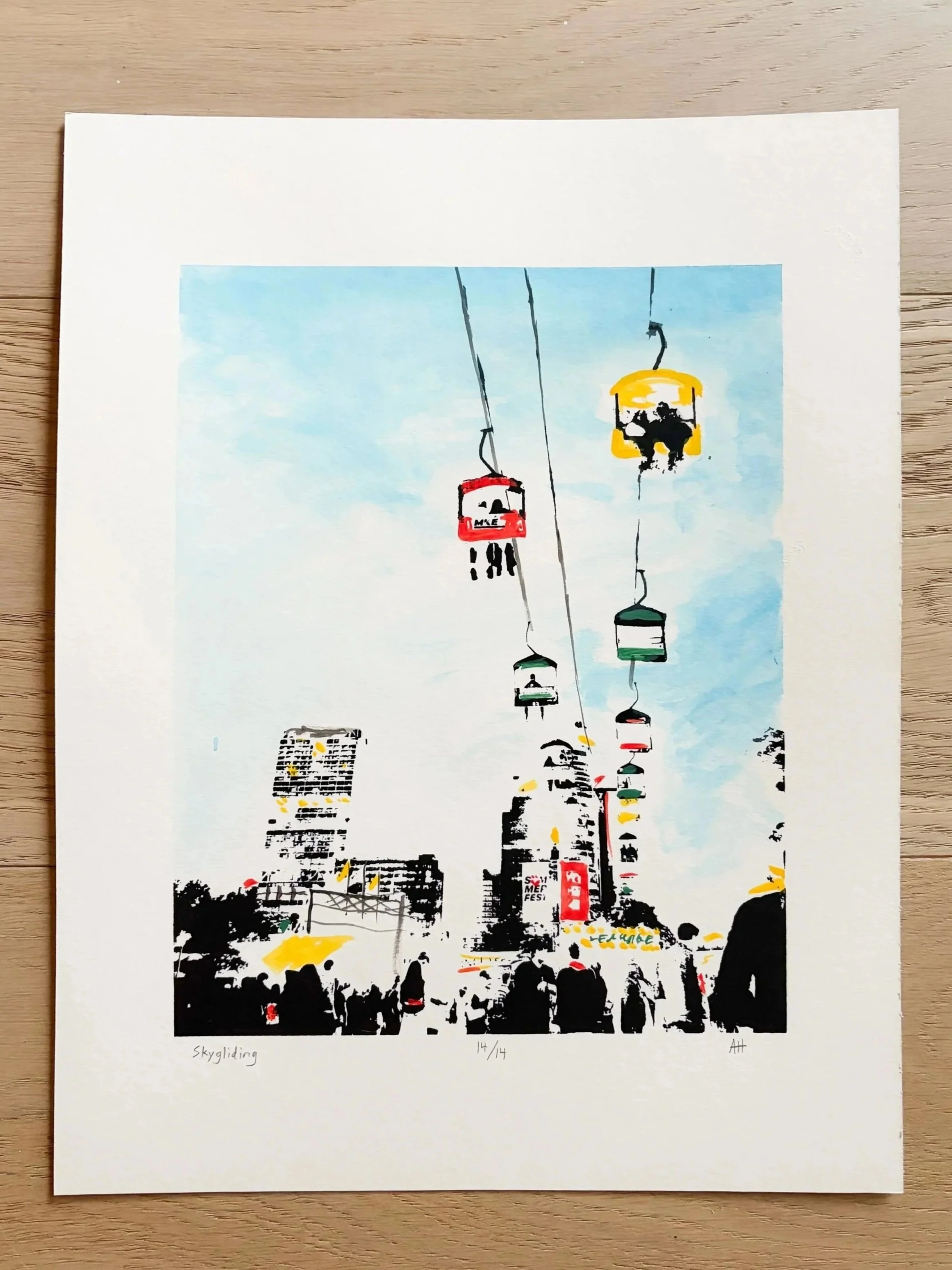 "skygliding"  

Photo origin: Summerfest, Milwaukee, WI  

11" x 14" Screen Print with hand painted details