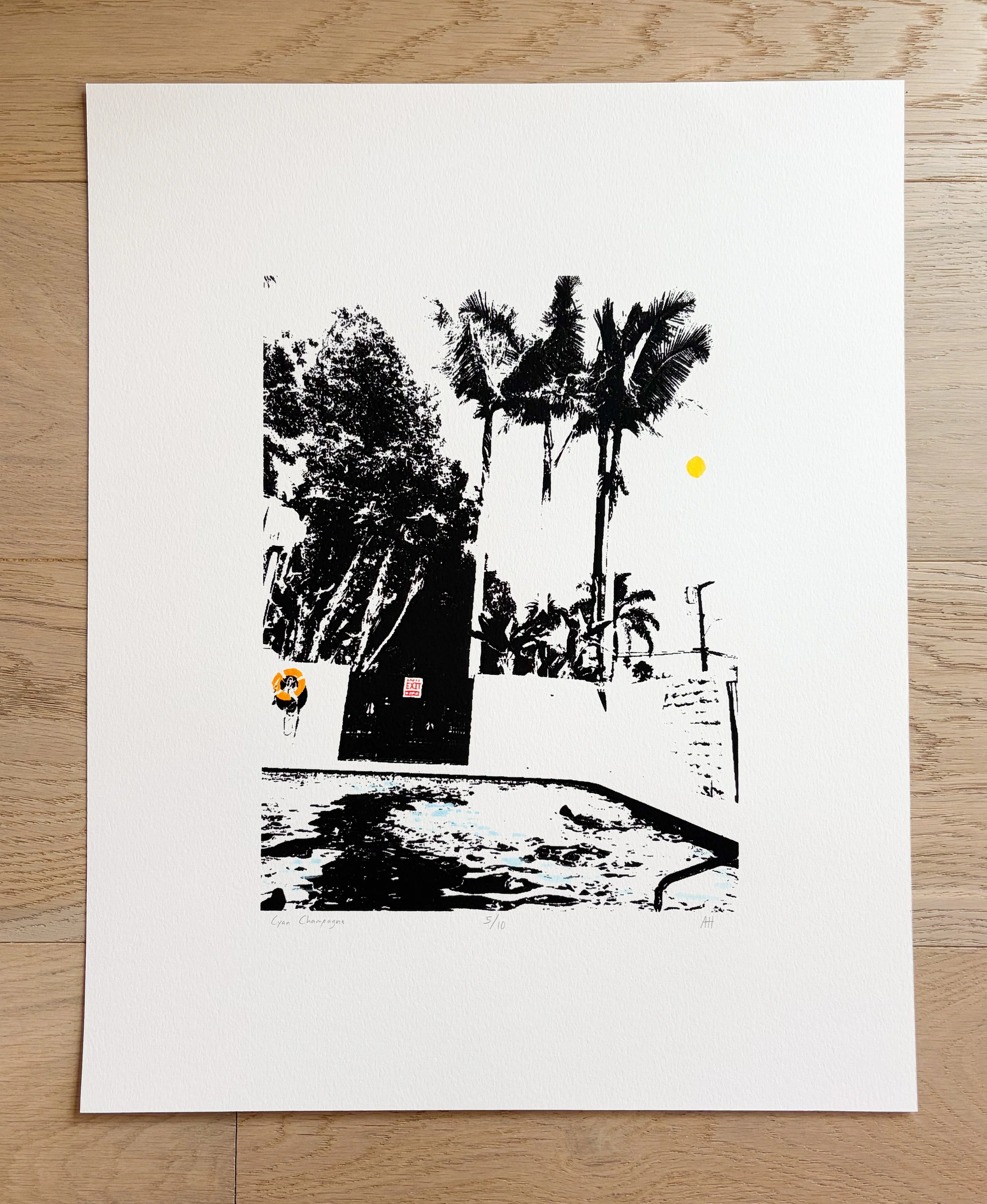 "cyan champagne" - black  

Photo origin: Santa Barbara, CA  

16" x 20" Screen Print with hand painted details