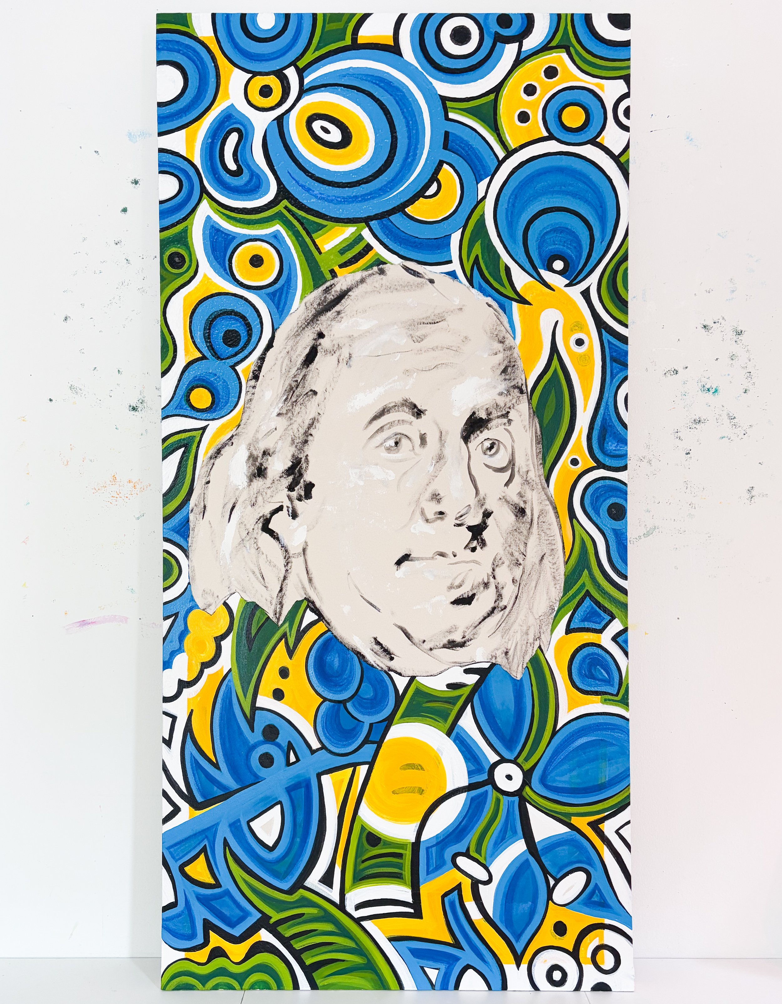 "bitcoin ben"  

Benjamin Franklin  

33” x 68” acrylic paint on canvas