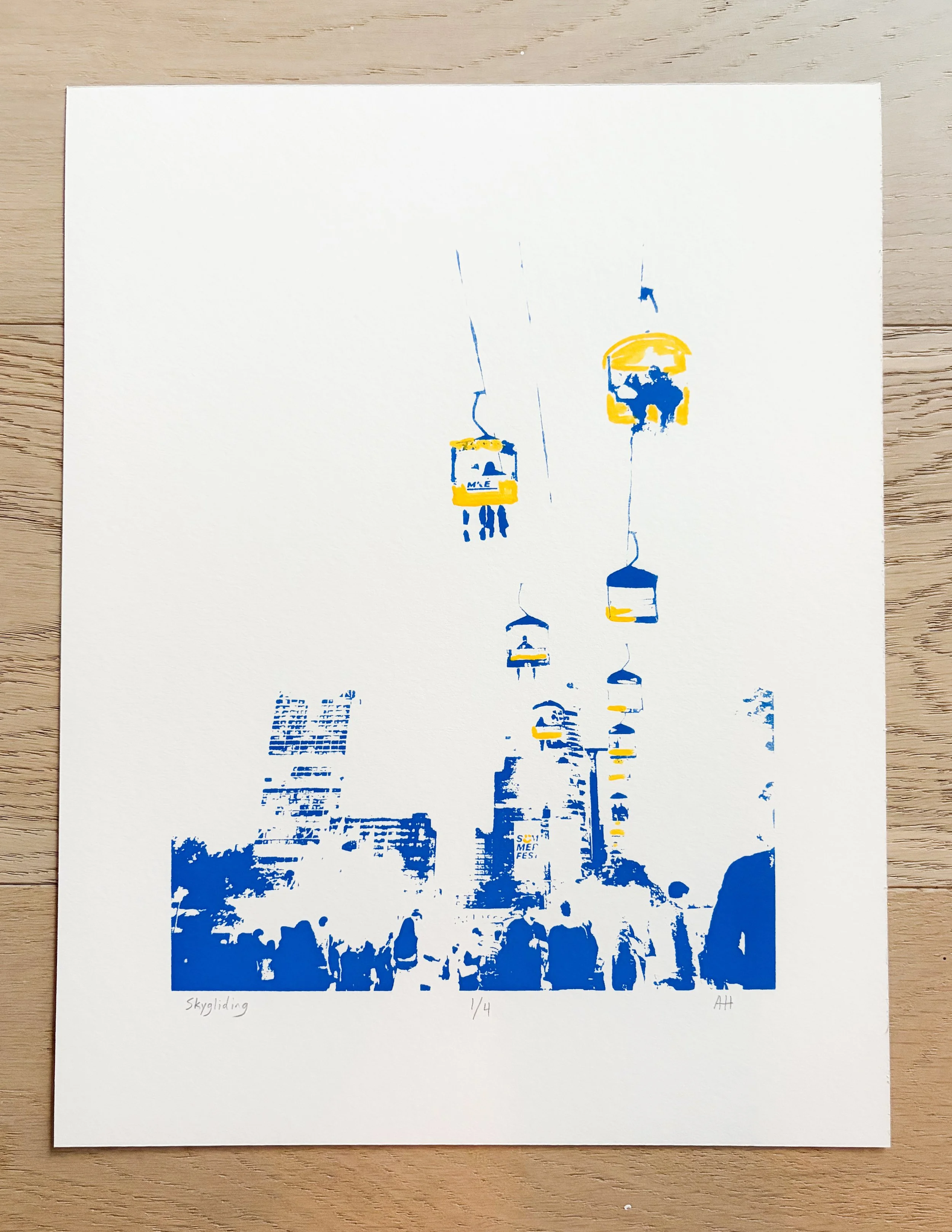 "skygliding" - blue  

Photo origin: Summerfest, Milwaukee, WI  

11" x 14" Screen Print with hand painted details