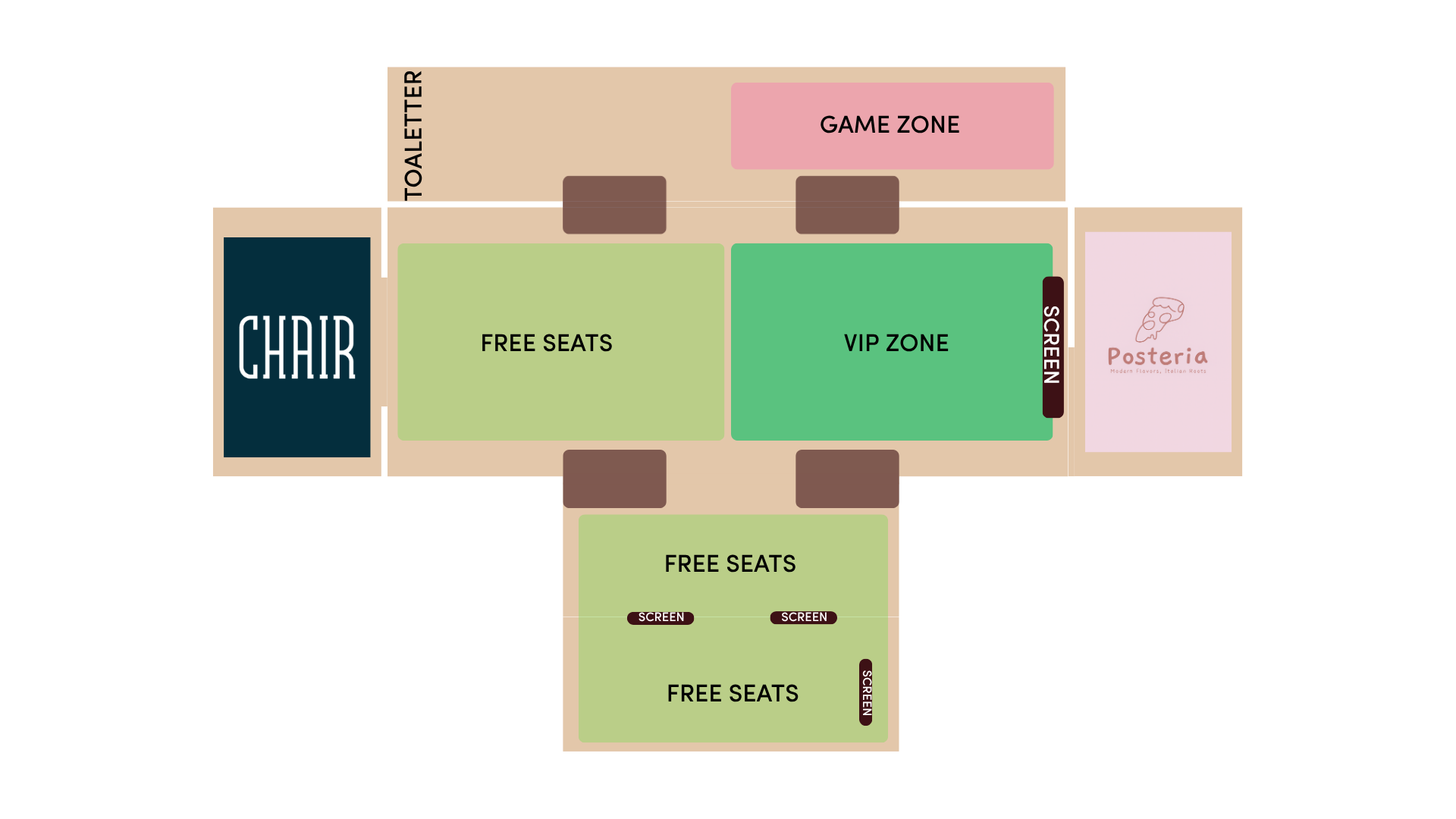 Floor plan of a food event layout featuring a large chair area on the left, a series of free seats and screens at the bottom, a VIP zone and game zone in the center, a tote alley above, and a poster and food stand on the right.
