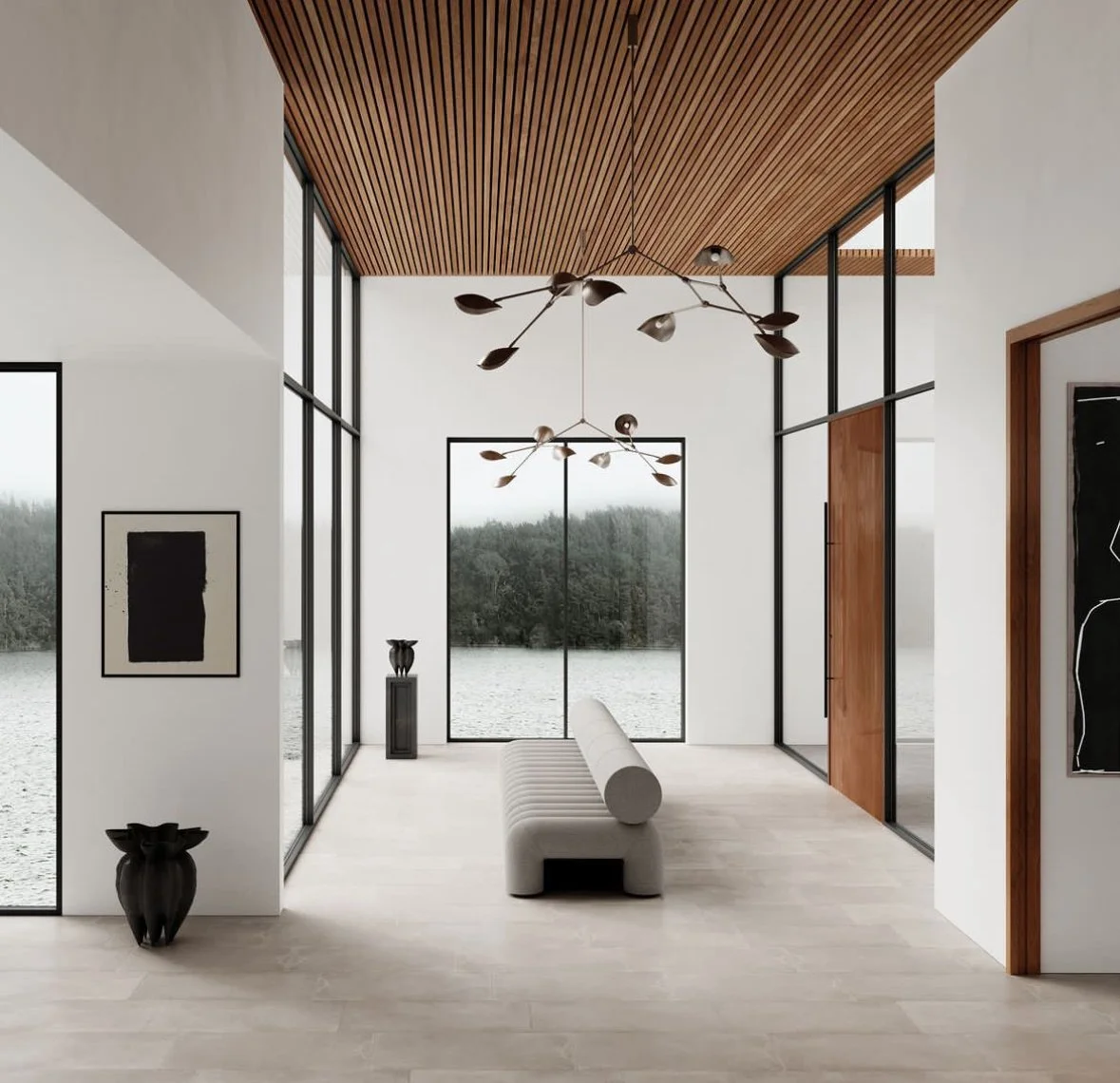 A backyard garden with a swimming pool, garden chairs, a tree, potted plants, a rustic stone building, and a blue sky with clouds.