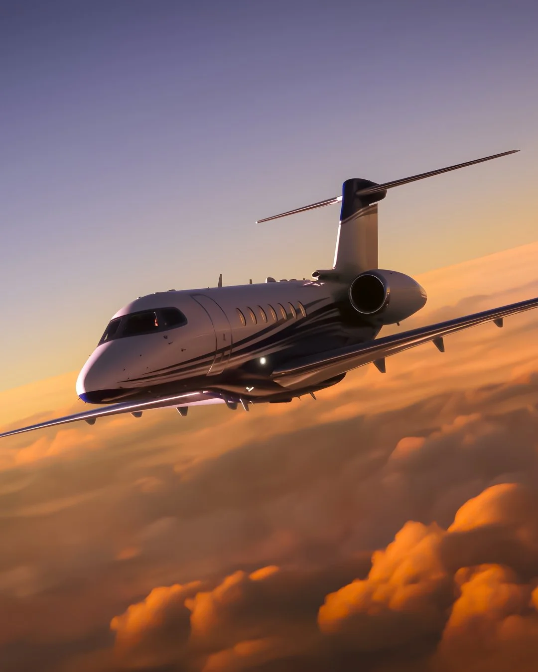 Private jet in flight at sunset — bespoke private aviation travel for Houston UHNW executives, curated by Husseau