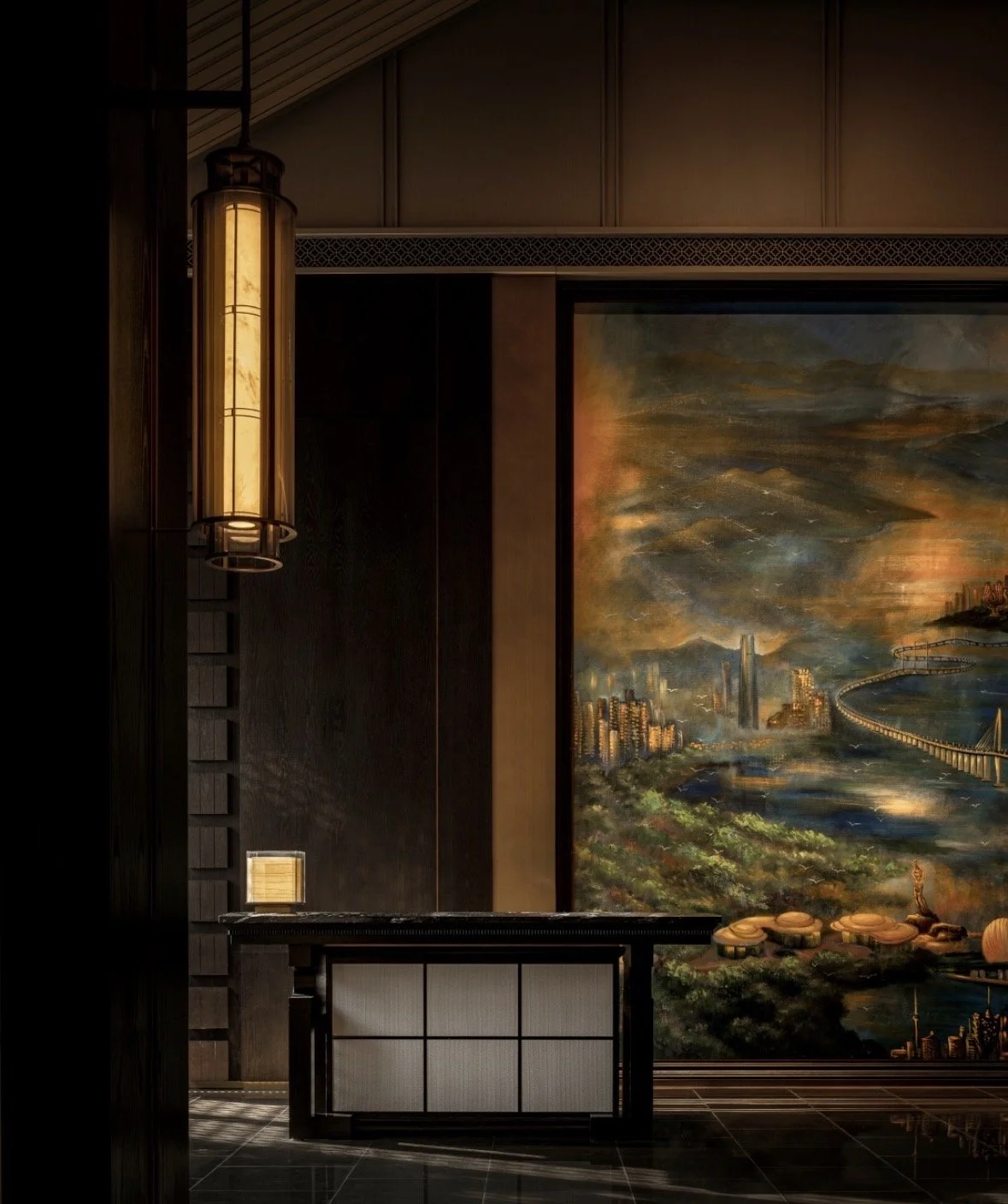 Elegant dining room with candlelit tables, wood-paneled walls, and an oval portrait of a historical figure illuminated by a picture light.