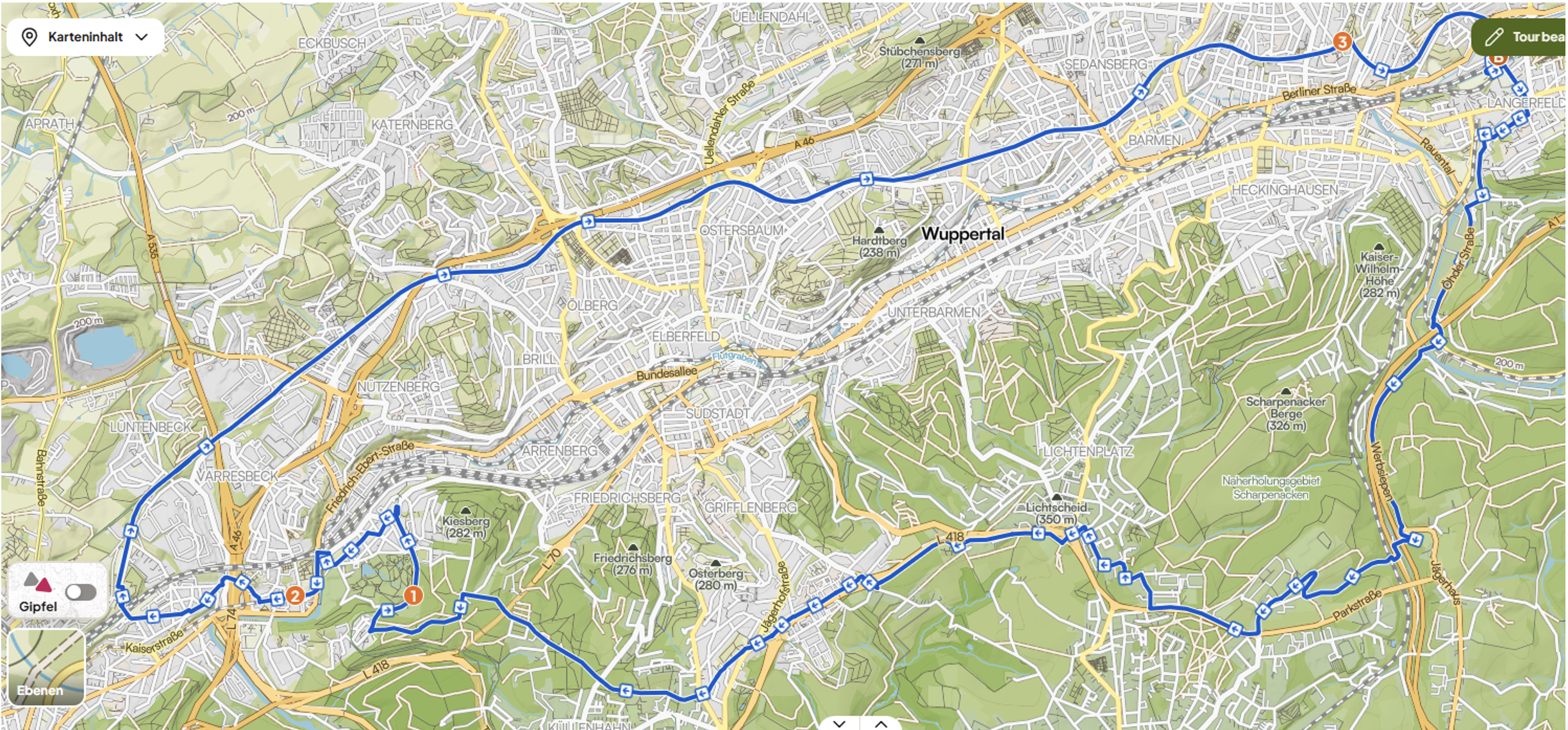 Das Bild zeigt einen Screenshot einer Karte von Wuppertal, eingezeichnet ist eine Radroute. Sie soll einmal der Wuppertaler Radring werden.