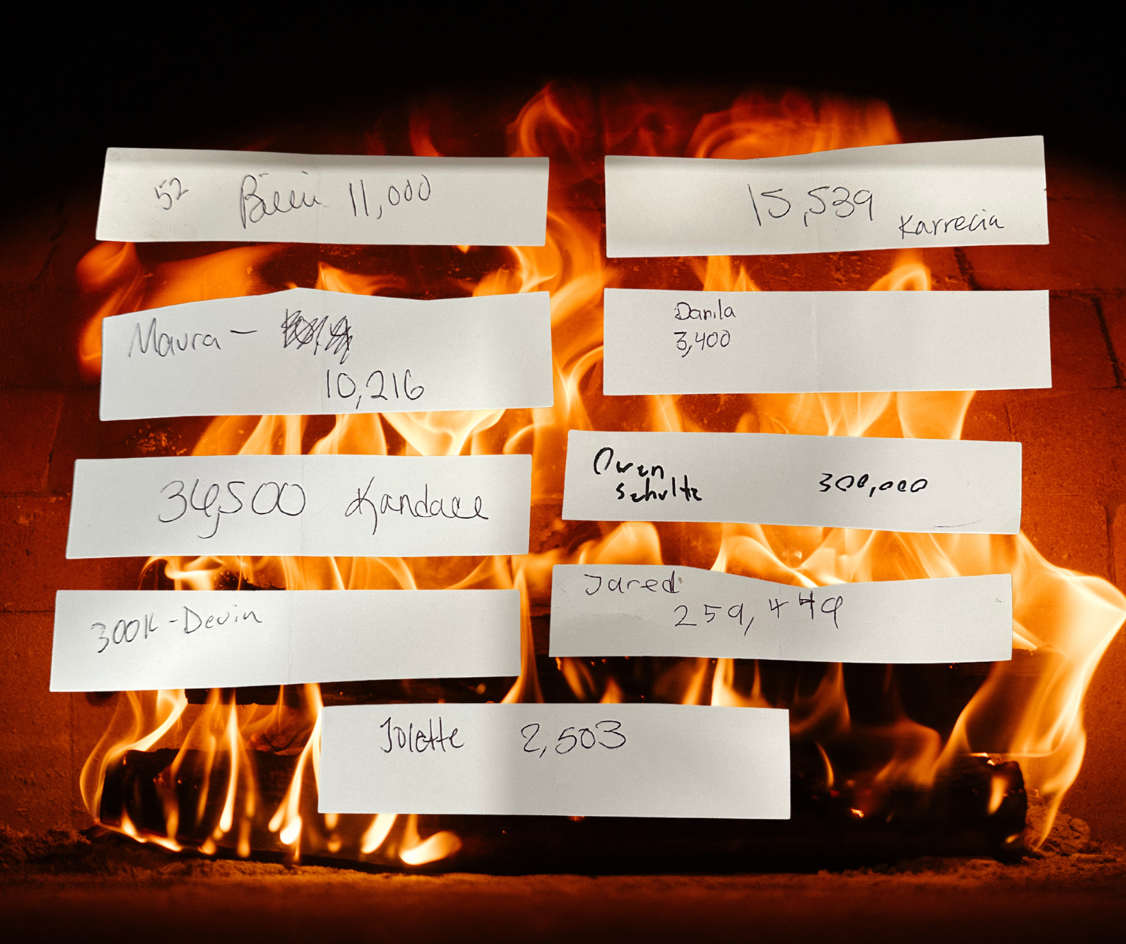 Handwritten staff guesses of the yearly pizza count displayed over Hugo’s wood-fired oven.