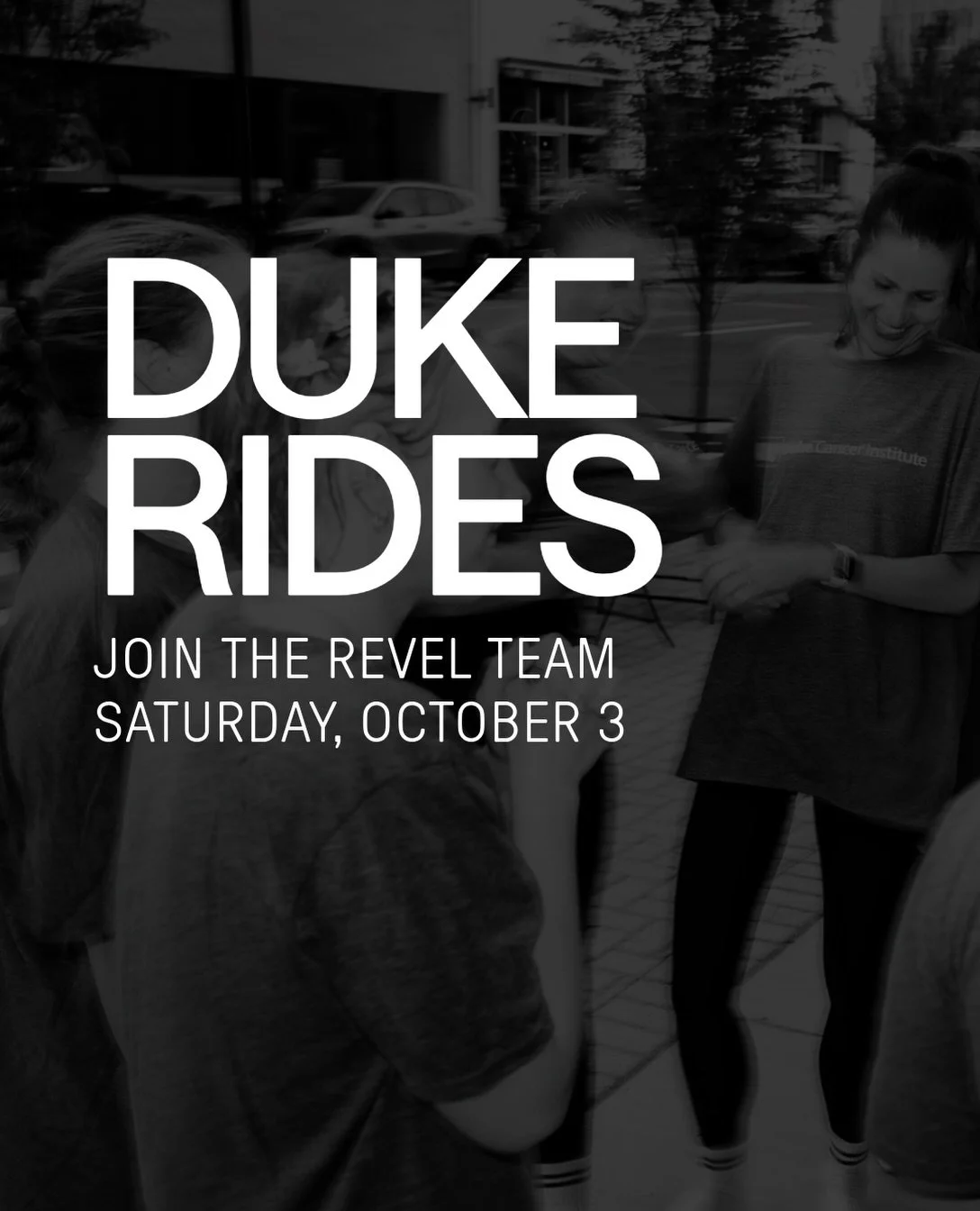 RIDE ON TEAM REVEL FOR DUKE RIDES 💜💙
Saturday, October 3 12:00pm-5:00pm
*note: in-studio classes will be canceled that day

If you want to join Team Revel:
&bull; Make a donation to our team. Every $10 donated earns you a raffle entry for a bike. 
