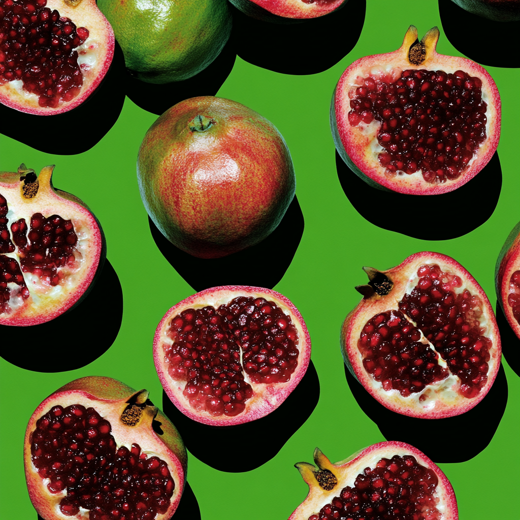 Whole and halved pomegranates on a green background.