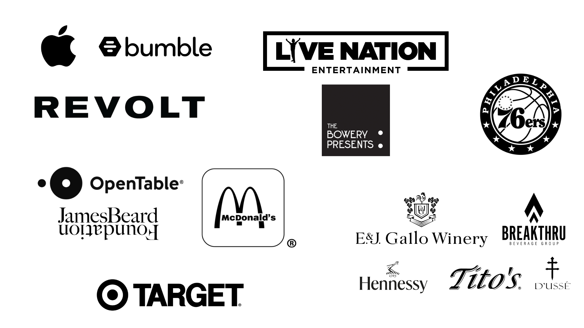 Collage of logos including Apple, Revolt, OpenTable, the Bowery Presents, Philadelphia 76ers, James Beard Foundation, and Hennessy.