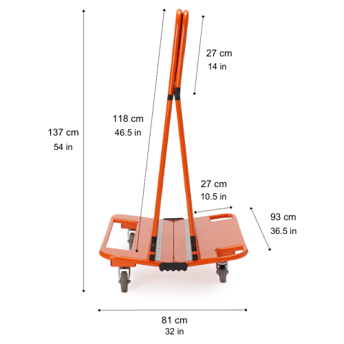 The butterfly cart in side view is 52 inches tall, 28 inches wide, and 36 inches deep.