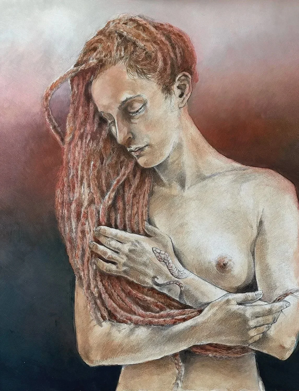 A drawing of a woman with red twisted dreadlocks, looking down with her arms crossed over her chest. She has a tattoo on her left arm and is depicted against a dark and light background.