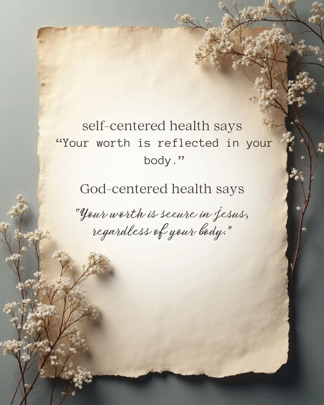 Self-centered health says: Your worth is reflected in your body.
God-centered health says: Your worth is secure, regardless of your body.

Health is not a measure of your value.
It&rsquo;s an expression of care &mdash; not proof of worthiness.

If th