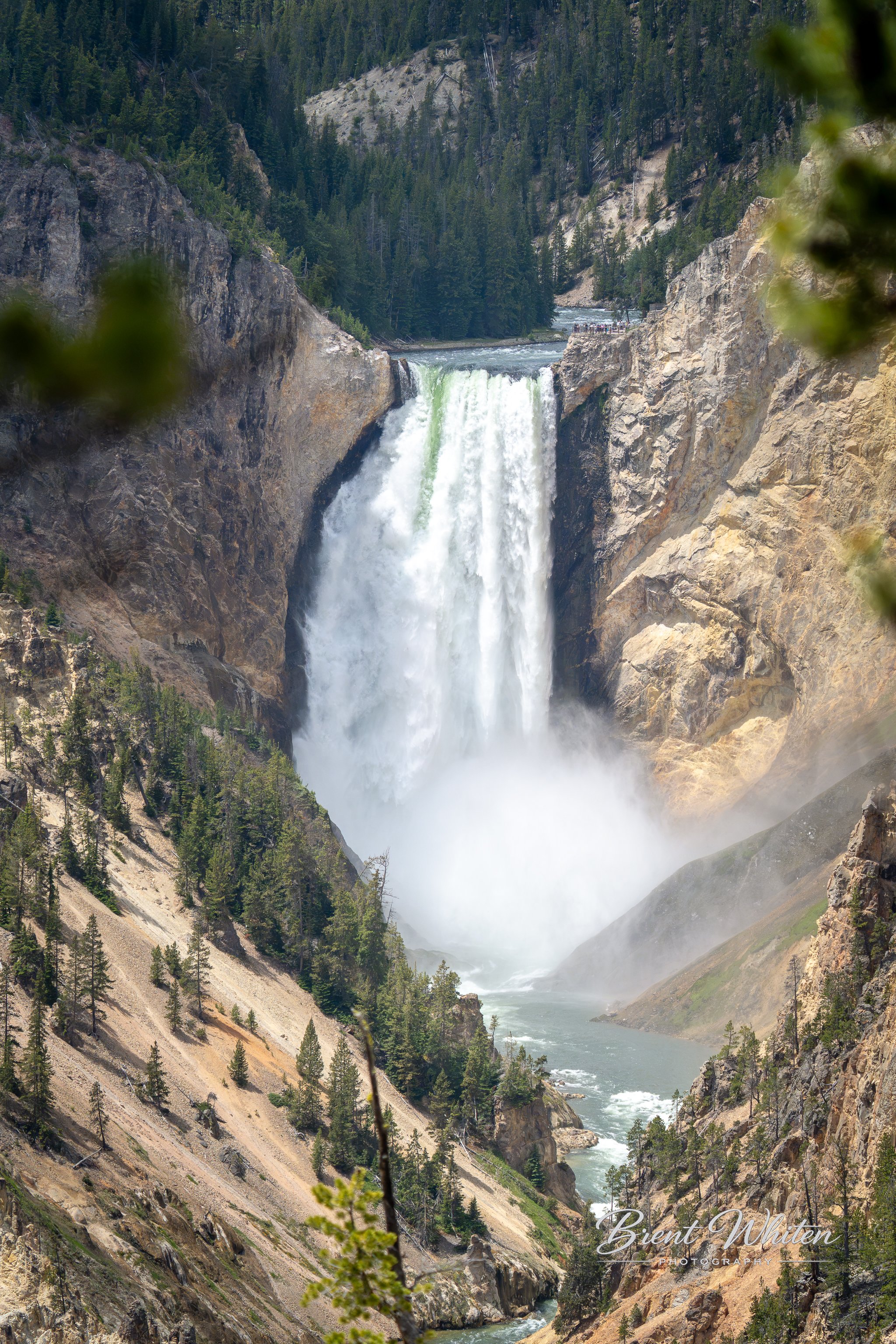 A scenic view of a tall waterfall cascading down a rocky cliff into a river below, surrounded by pine trees and forested mountains in the background.