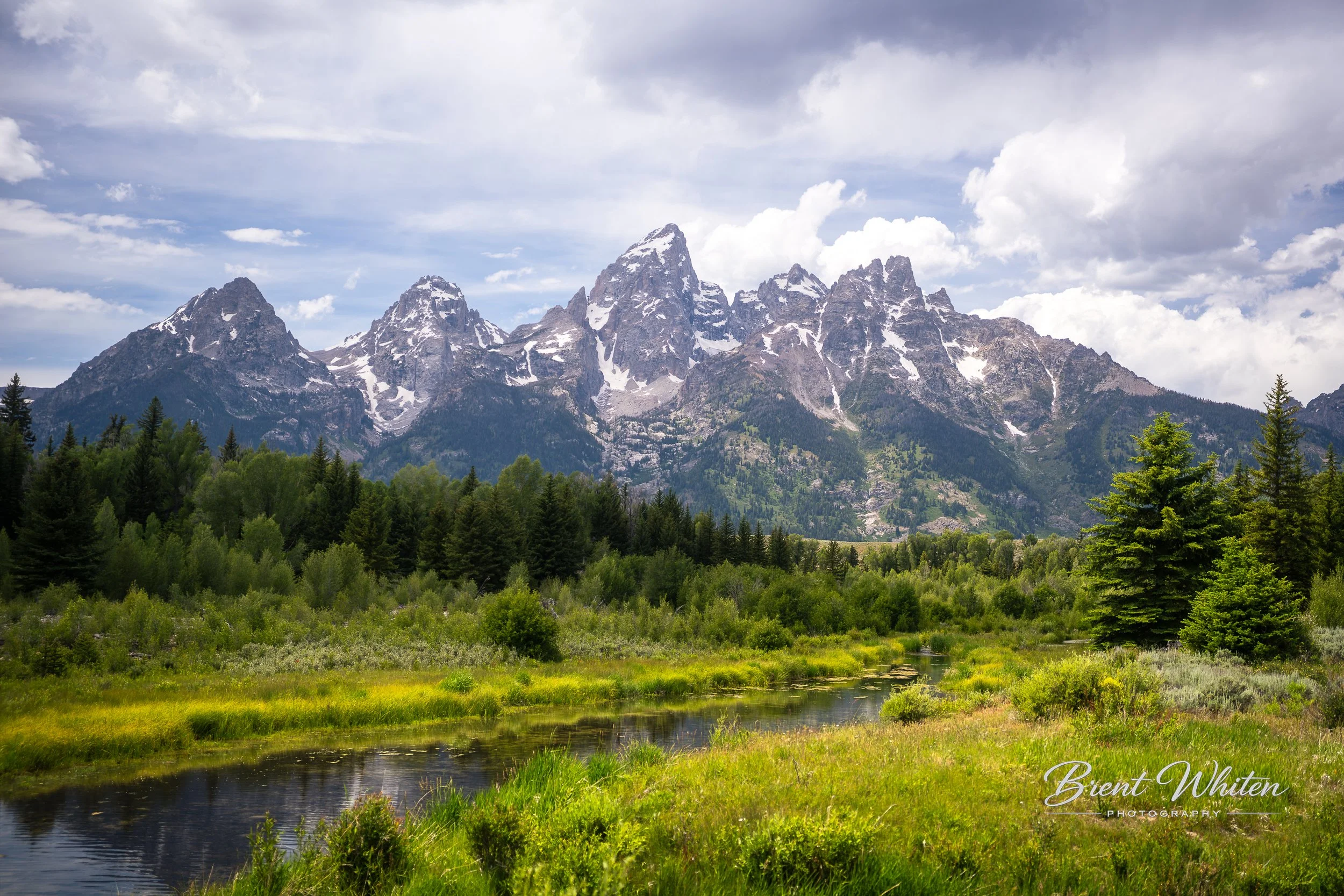 Scenic landscape of snow-capped mountains with green forest and a small river in the foreground, under a cloudy sky.
